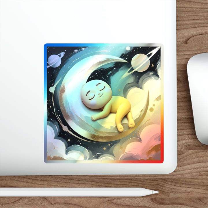 Holographic Baby Moon Sticker – Cute Celestial Die-Cut, Retro Shine!