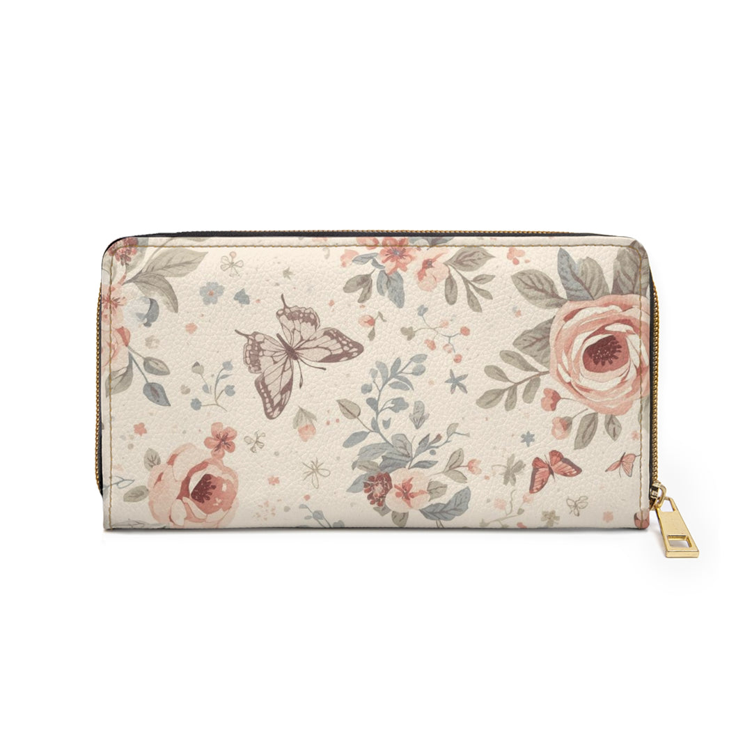 Sleek Floral Zipper Wallet – Personalized Faux Leather, Vintage Roses & Butterflies