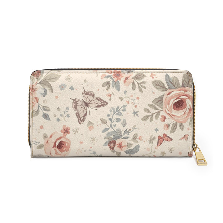 Sleek Floral Zipper Wallet – Personalized Faux Leather, Vintage Roses & Butterflies