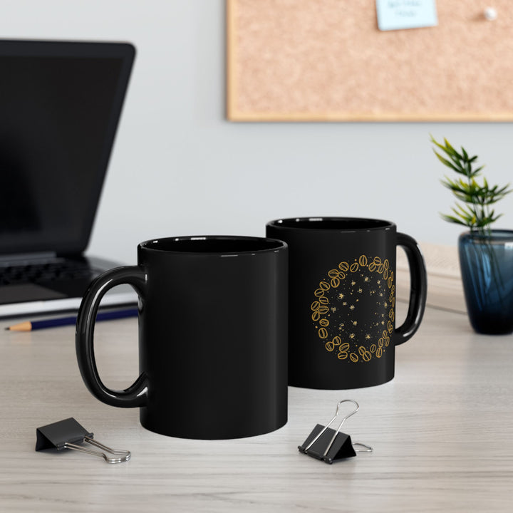 Modern Black Ceramic Mug – Hand-Drawn Coffee Beans & Gold Floral (11oz/15oz)