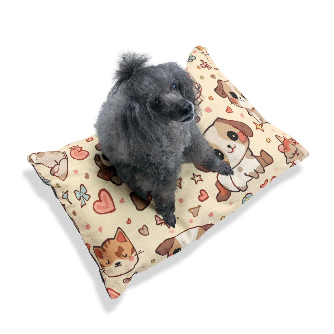 Custom Plush Pet Bed – Cute Cartoon Puppy & Kitten Print, Orthopedic, Cozy