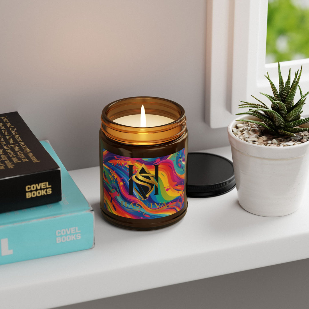 Rainbow Swirl Scented Soy Candle – Amber Jar, 2 Sizes, Artistic Décor