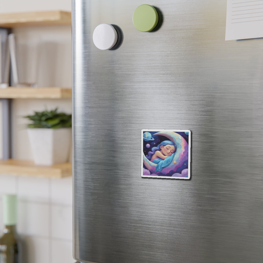 Custom Die-Cut Magnet – Dreamy Girl on Moon, Whimsical Celestial Decor