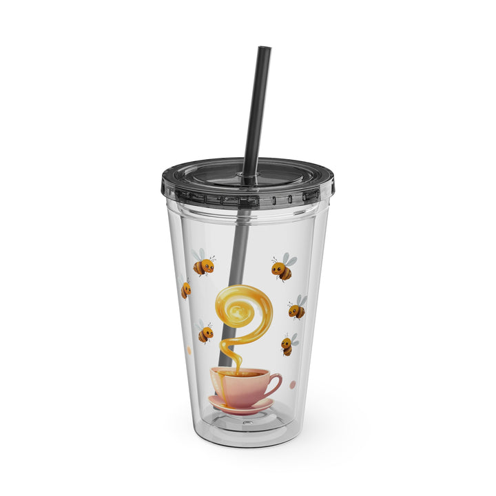 Sunsplash 16oz Tumbler – Pink Teacup & Bees, BPA-Free, Straw Included