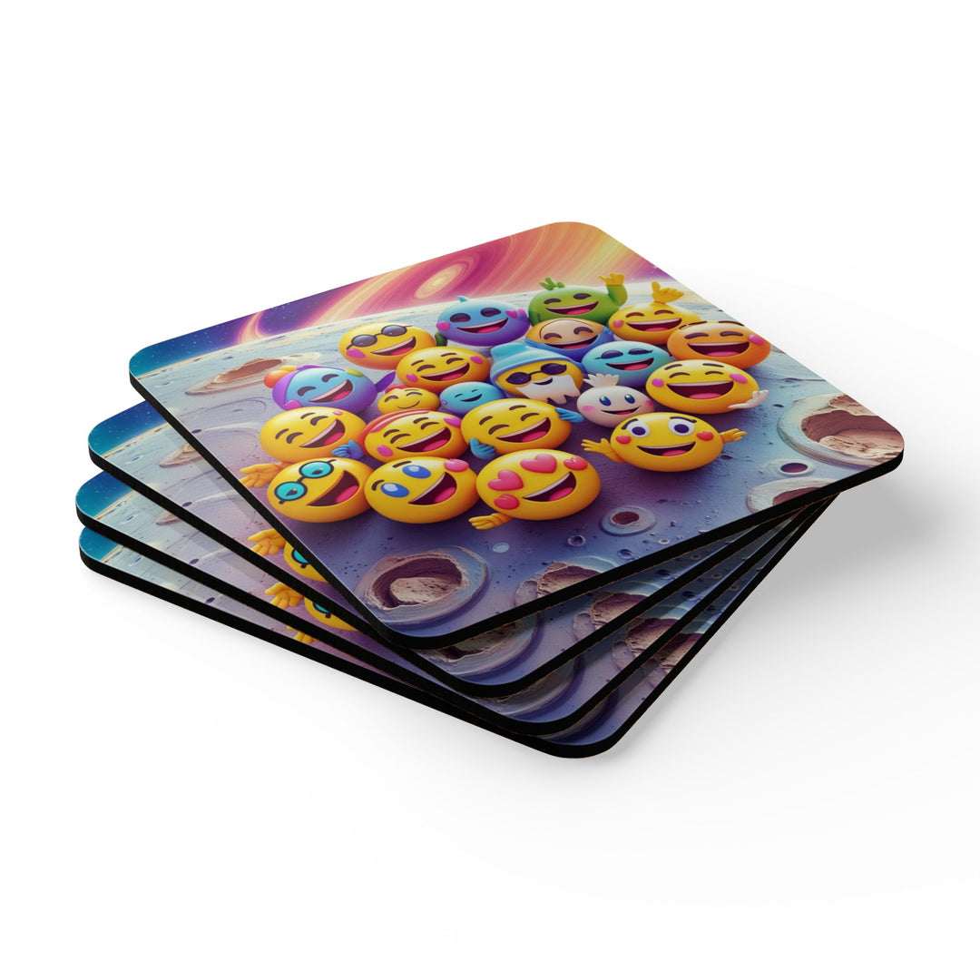 Emoji Cosmic Corkwood Coaster Set – Fun Modern Decor, Gift-Ready, 4 Pack