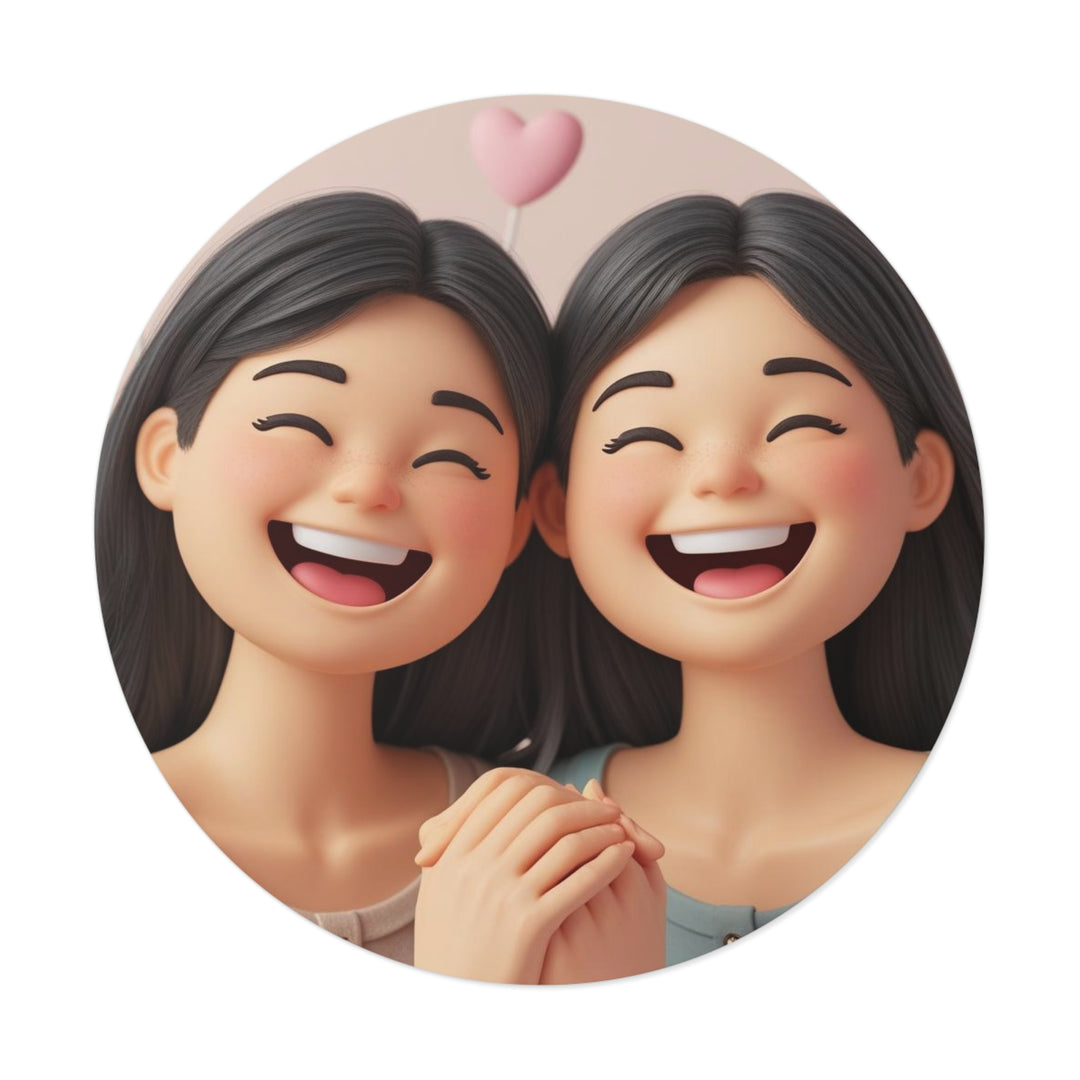 Custom Round Vinyl Sticker – 3D Cartoon Smiling Girls, Waterproof & Trendy