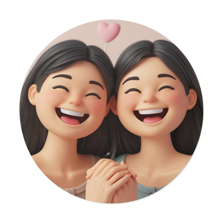 Custom Round Vinyl Sticker – 3D Cartoon Smiling Girls, Waterproof & Trendy