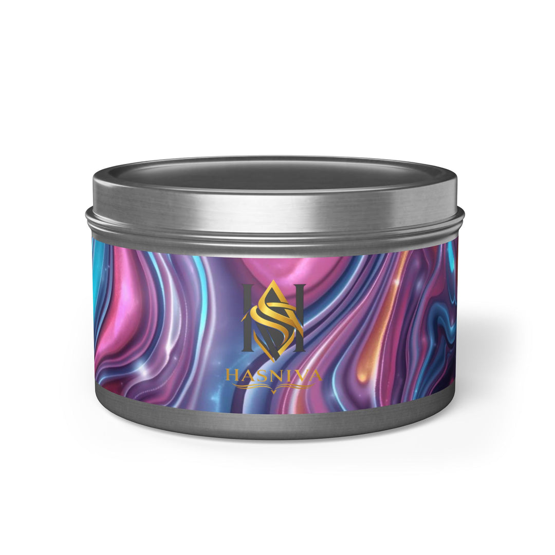 Handcrafted Iridescent Tin Candle – Luxe Soy, Custom Swirl Design, Gift-Ready