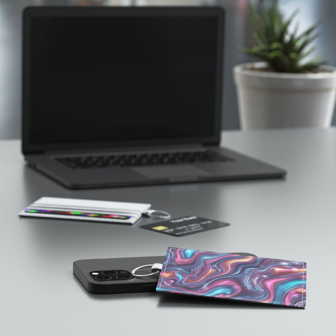 Personalized Saffiano Leather Card Holder – Iridescent Marble Swirl Design