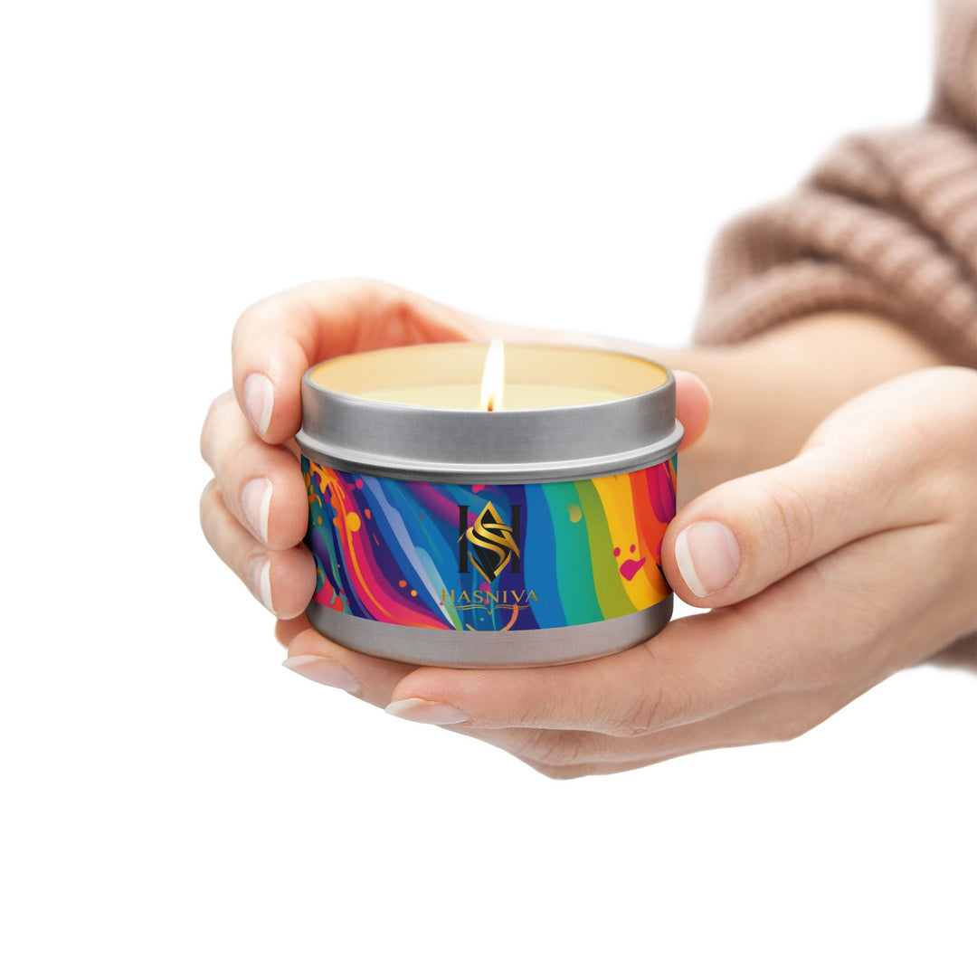 Hand-Poured Tin Candle – Vibrant Abstract Rainbow, Eco Coconut Soy, Gift-Ready