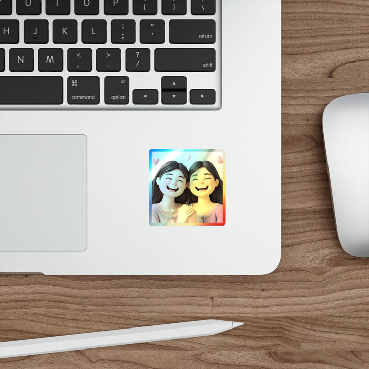 Holographic Die-Cut Sticker – Cute Cartoon Friends, Trendy Iridescent Shine