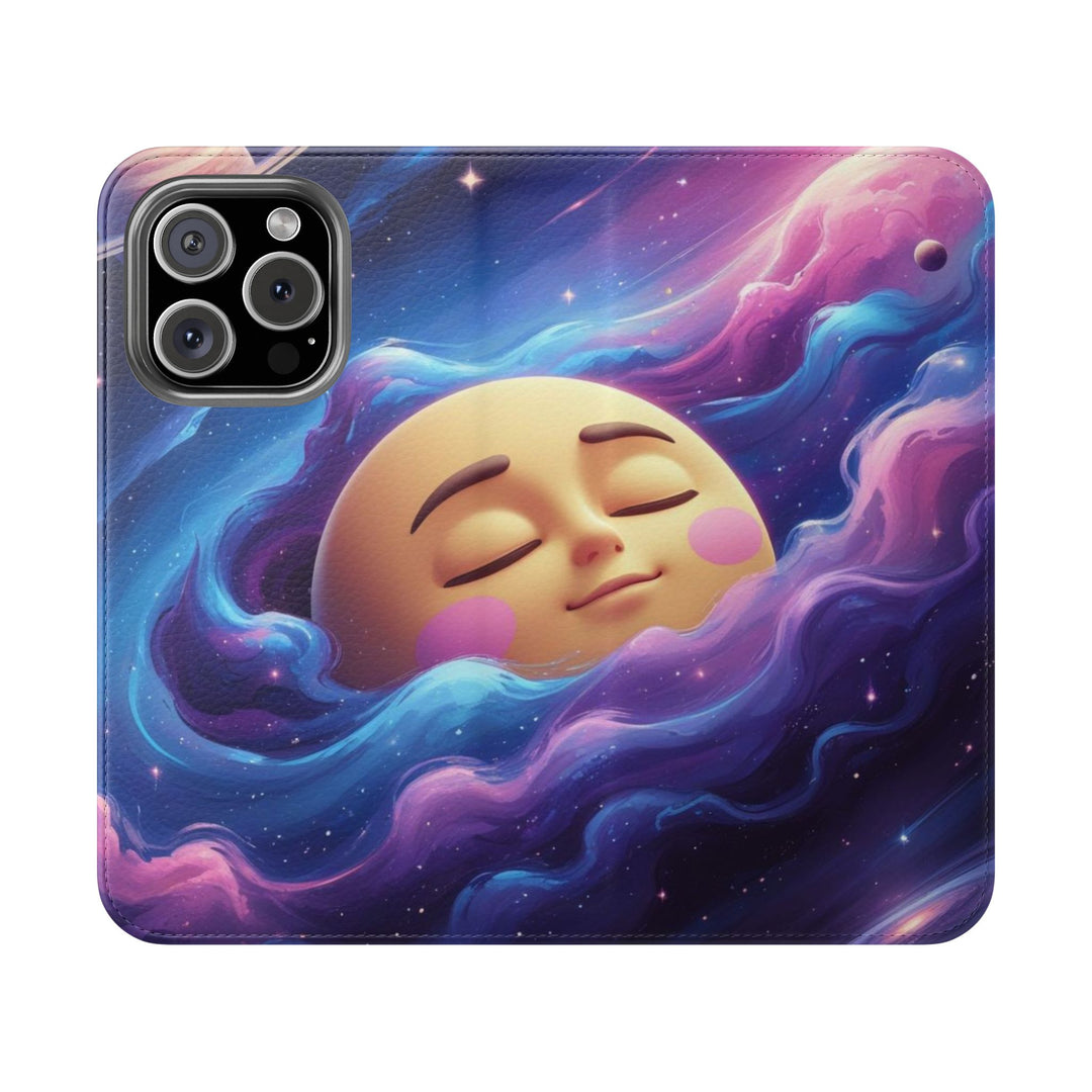 Dreamy Galaxy Flip Case – Cute Moon & Star Wallet Cover, Vegan Leather