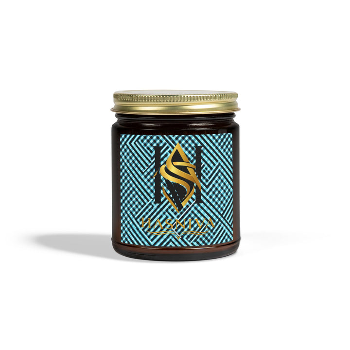 Hand-Poured Coconut Apricot Scented Candle – Futuristic Aqua Grid Design