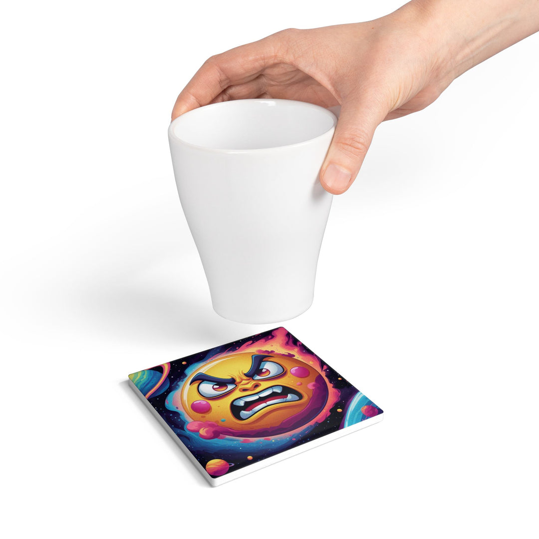 Angry Sun Space-Themed Ceramic Coaster – Fun Cartoon Design, Scratch-Free