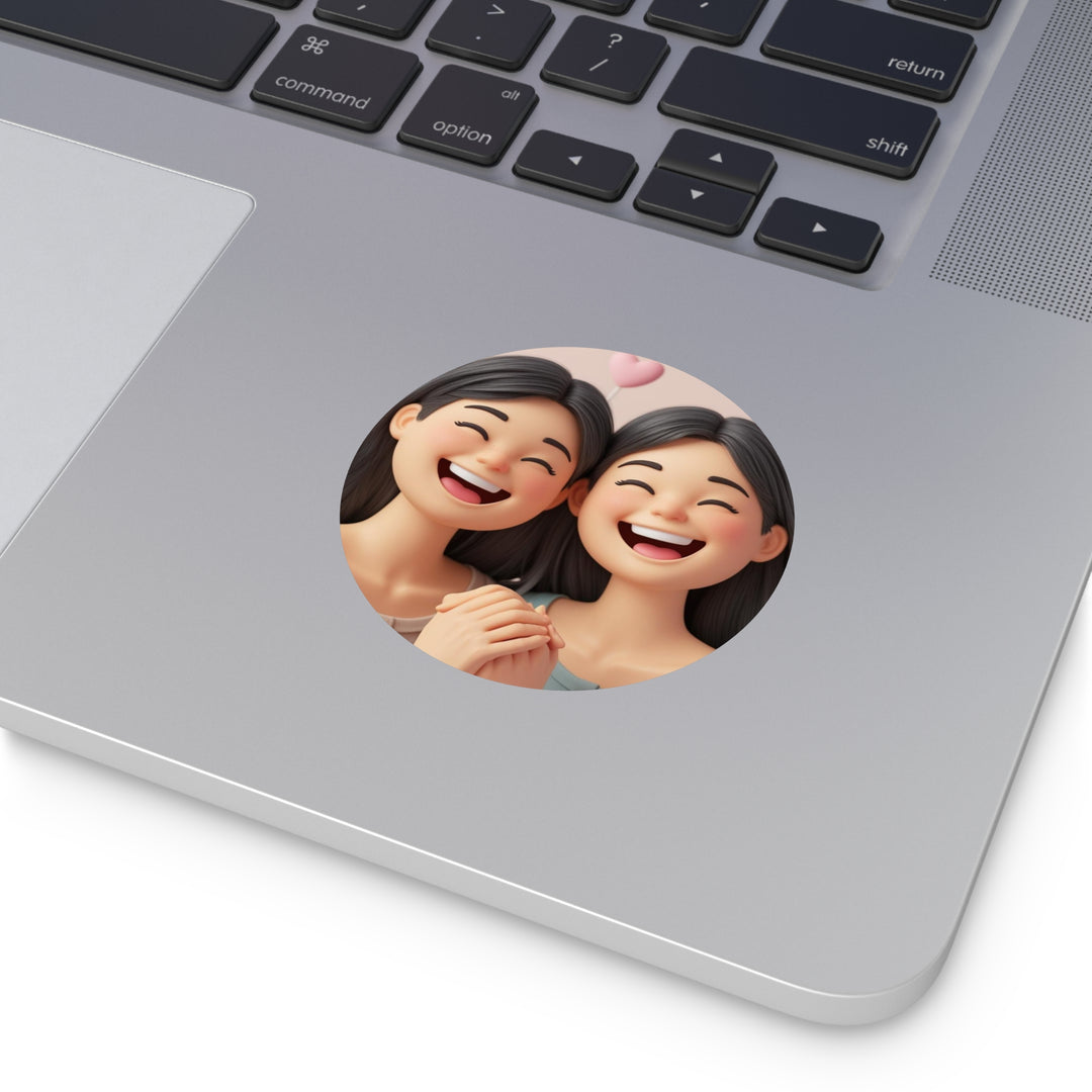 Custom Round Vinyl Sticker – 3D Cartoon Smiling Girls, Waterproof & Trendy