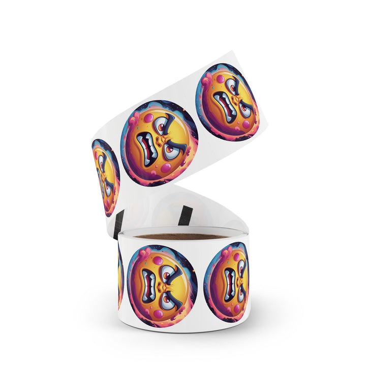 Round Sticker Label Roll – Angry Sun Space Theme, Durable, Fun & Glossy