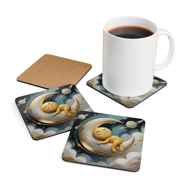 Whimsical Celestial Corkwood Coaster Set – Cute Moon & Stars Nursery Decor