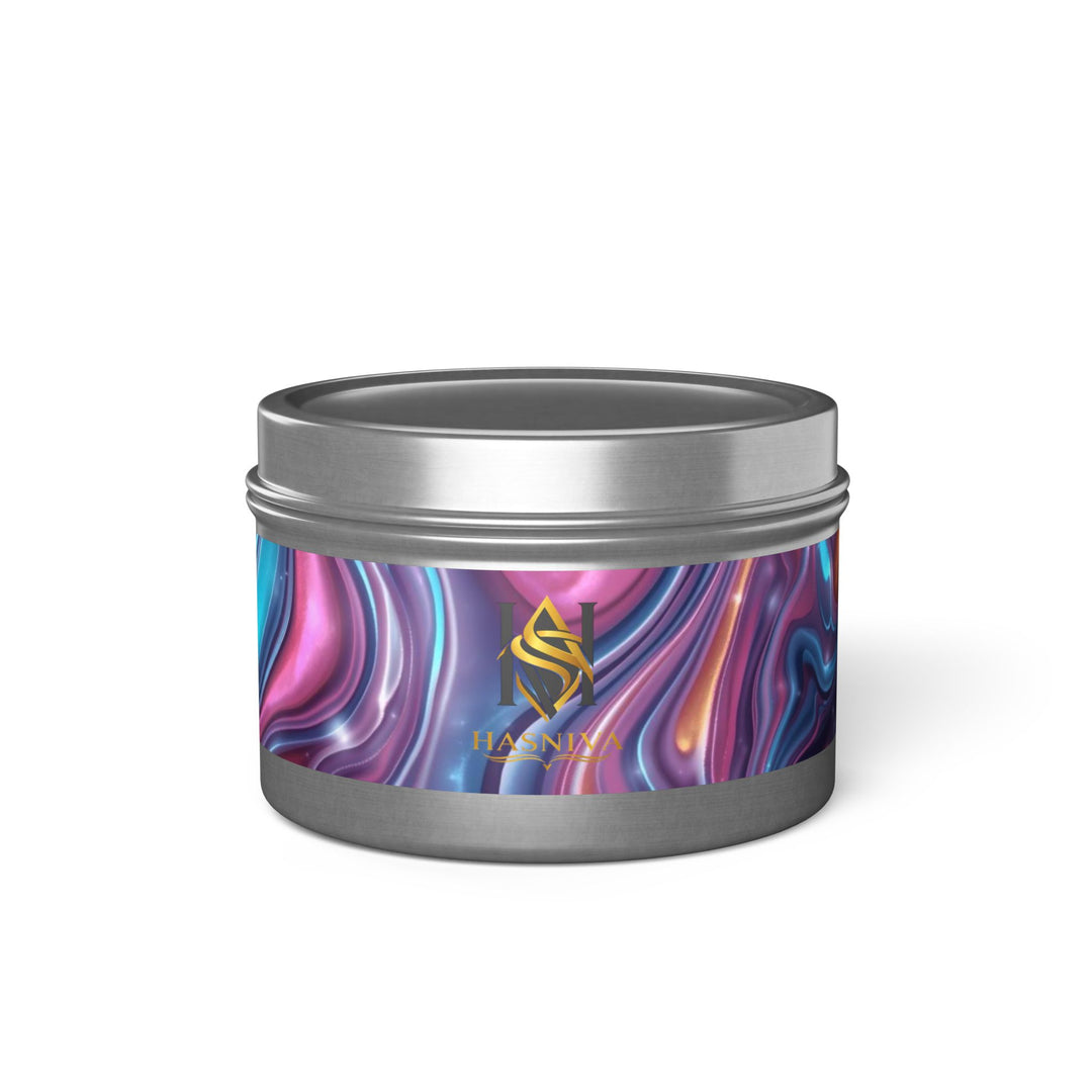 Handcrafted Iridescent Tin Candle – Luxe Soy, Custom Swirl Design, Gift-Ready