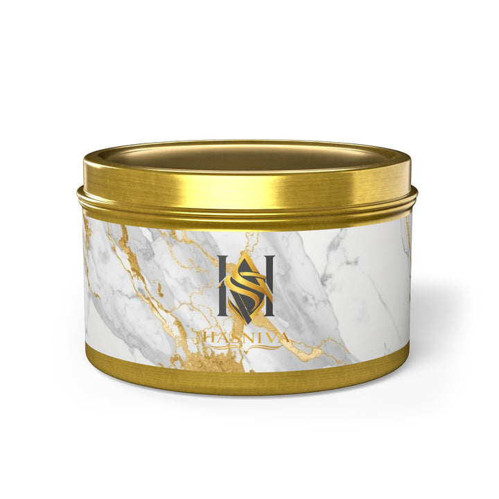 Marble Luxe Hand-Poured Tin Candle – Custom Scents, Glam Gold Accent