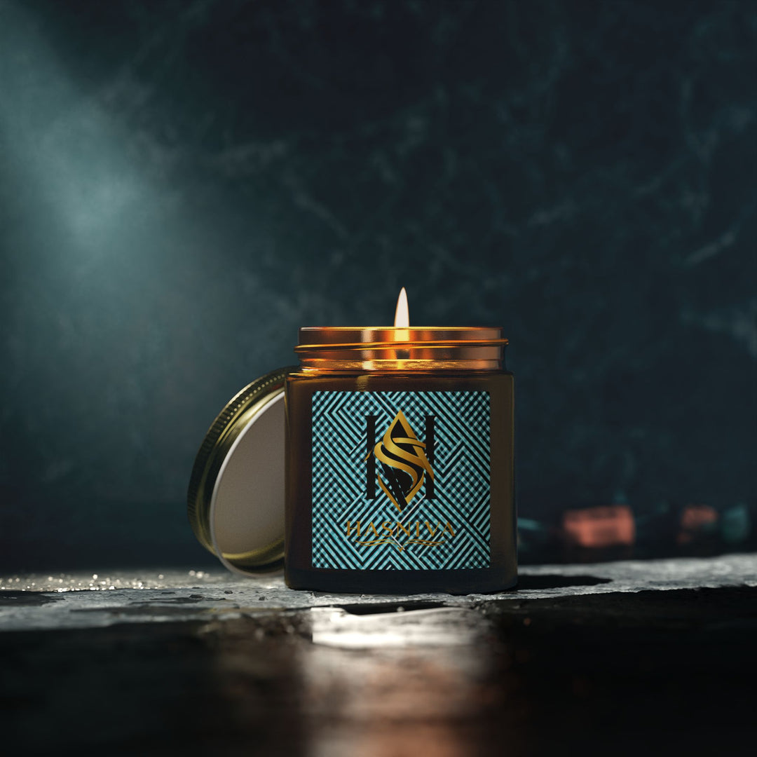 Hand-Poured Coconut Apricot Scented Candle – Futuristic Aqua Grid Design