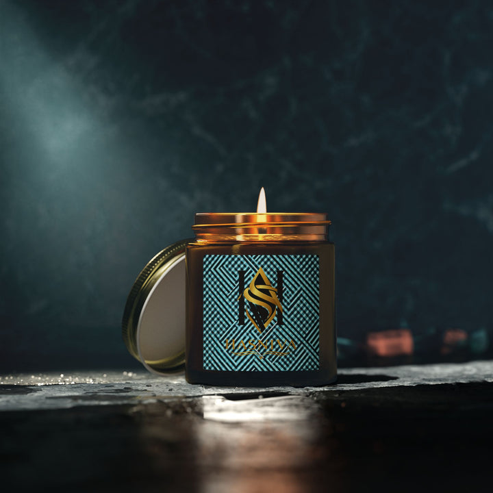 Hand-Poured Coconut Apricot Scented Candle – Futuristic Aqua Grid Design