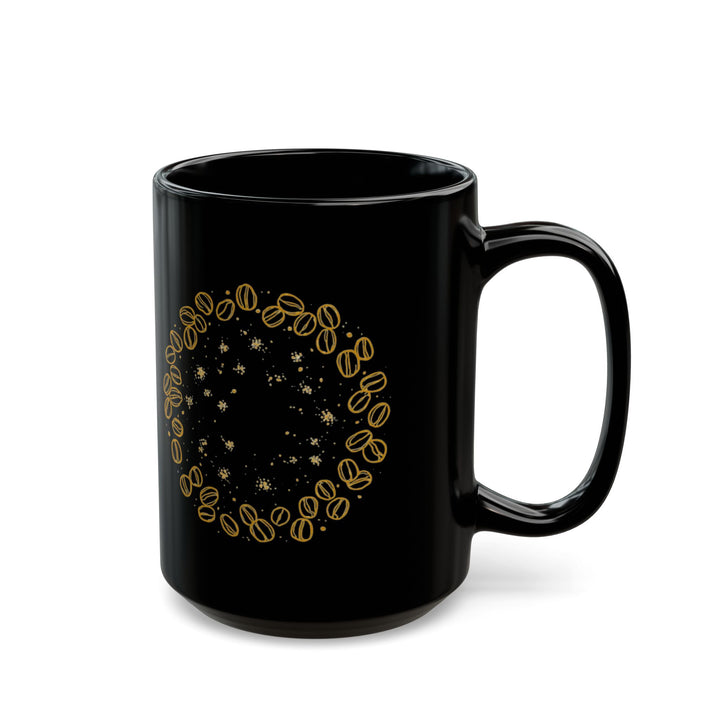 Modern Black Ceramic Mug – Hand-Drawn Coffee Beans & Gold Floral (11oz/15oz)