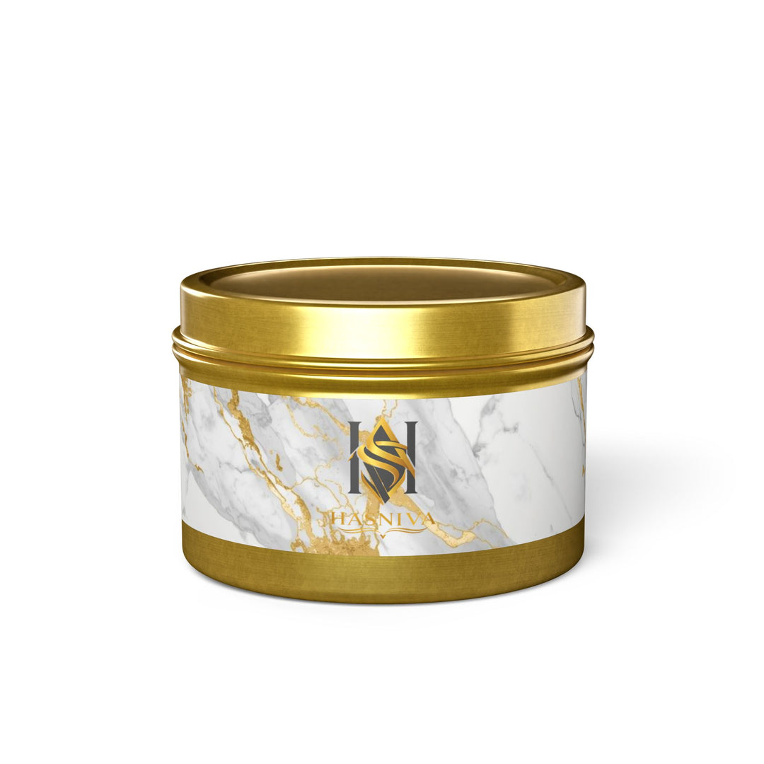 Marble Luxe Hand-Poured Tin Candle – Custom Scents, Glam Gold Accent