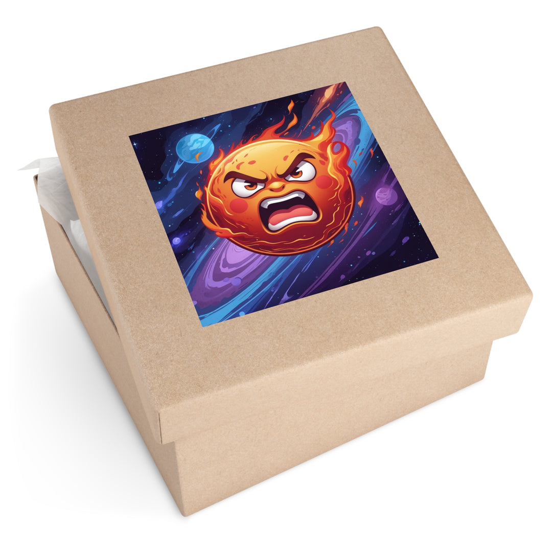 Fiery Cosmic Angry Sun Laminate Square Sticker – Bold, Durable, Vibrant!