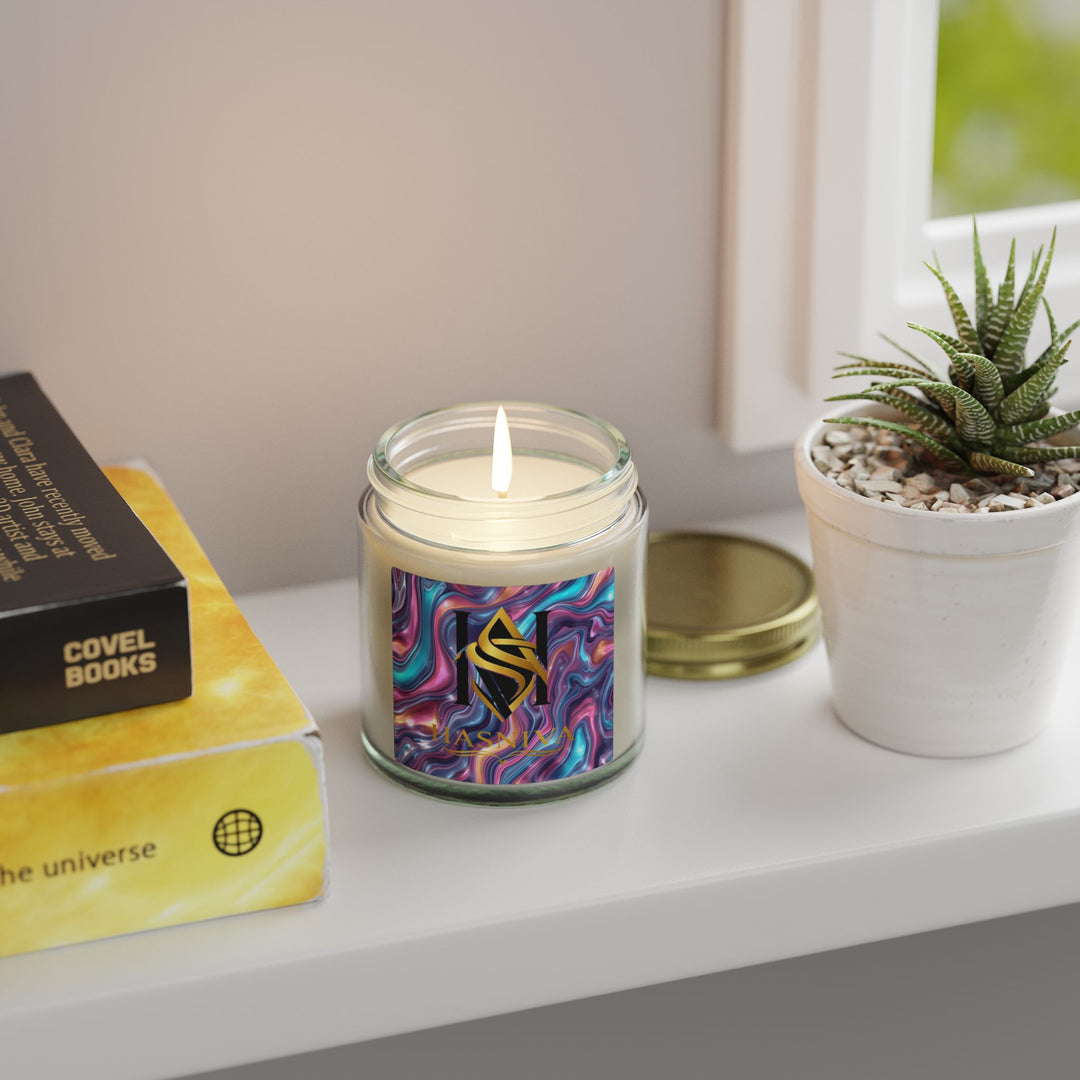 Hand-Poured Coconut Apricot Scented Candle – Iridescent Abstract Design