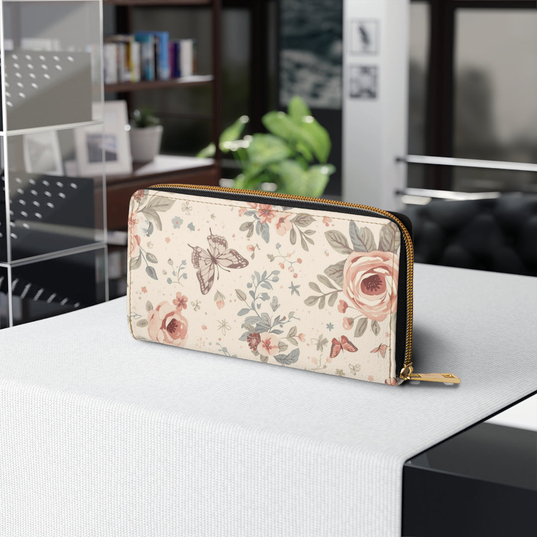 Sleek Floral Zipper Wallet – Personalized Faux Leather, Vintage Roses & Butterflies