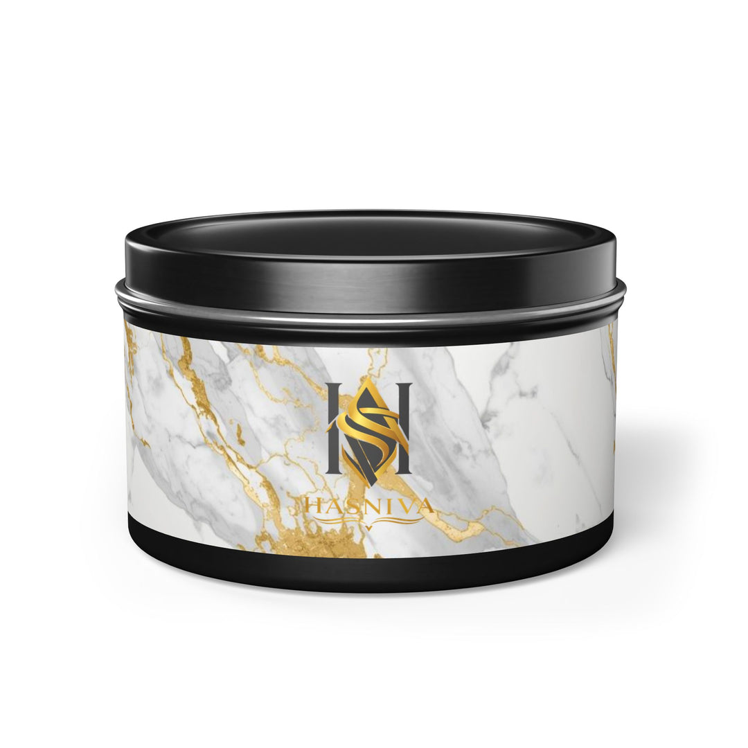 Marble Luxe Hand-Poured Tin Candle – Custom Scents, Glam Gold Accent