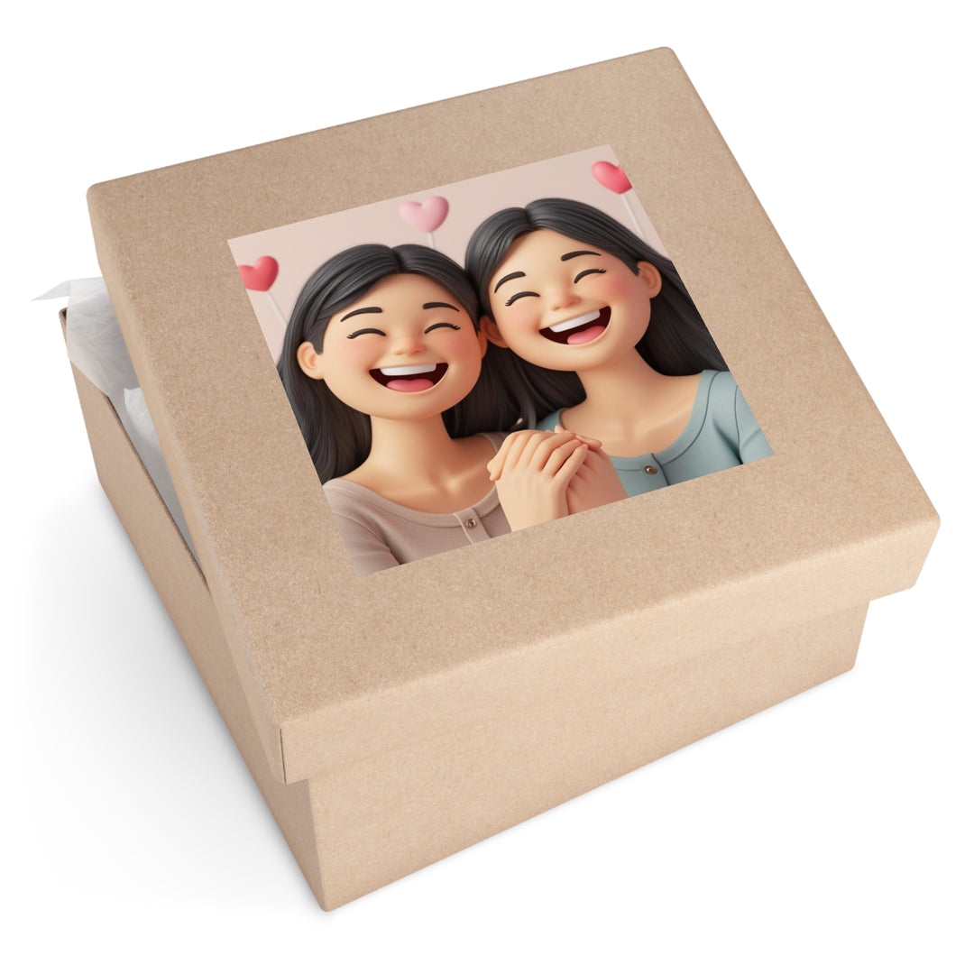 Charming 3D Cartoon Girls Laminate Square Sticker – Cute & Durable!