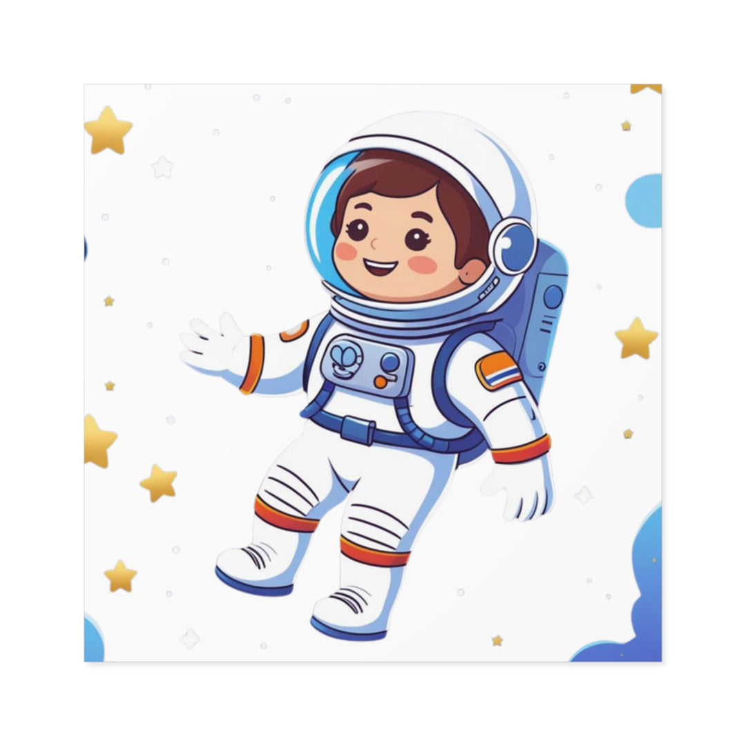 Space Adventure Square Laminate Sticker – Cute Astronaut, Durable & Fun