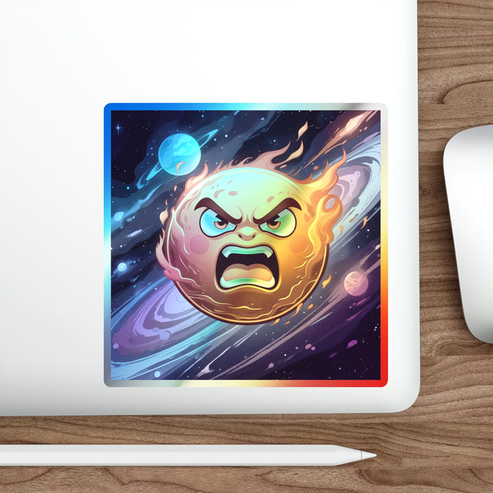Holographic Die-Cut Sticker – Fiery Cosmic Sun Cartoon | Trendy Retro Shine