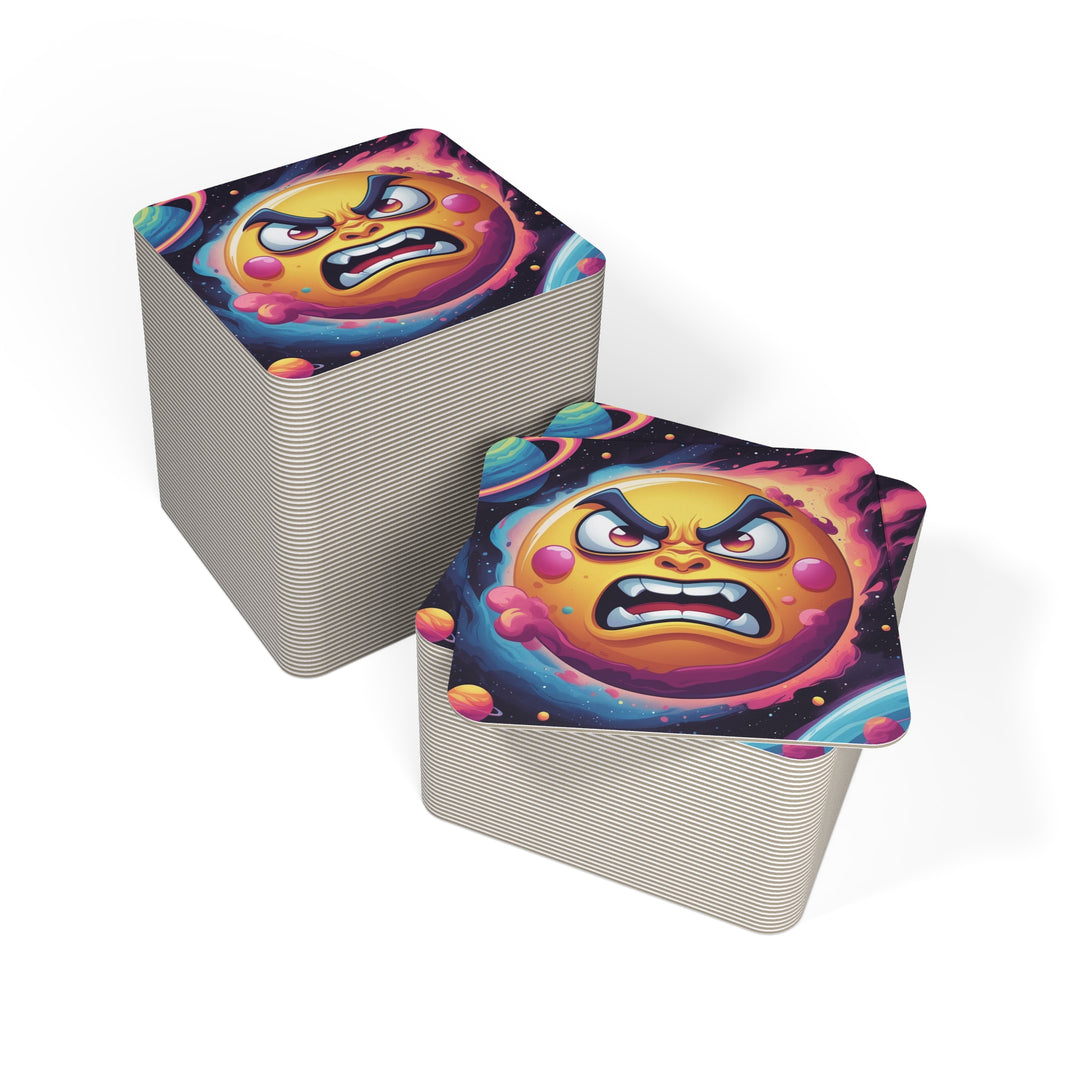 Cosmic Cartoon Sun Square Coasters – Fun Space Party Decor (50/100 Pack)