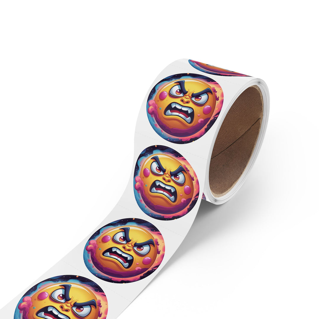 Round Sticker Label Roll – Angry Sun Space Theme, Durable, Fun & Glossy