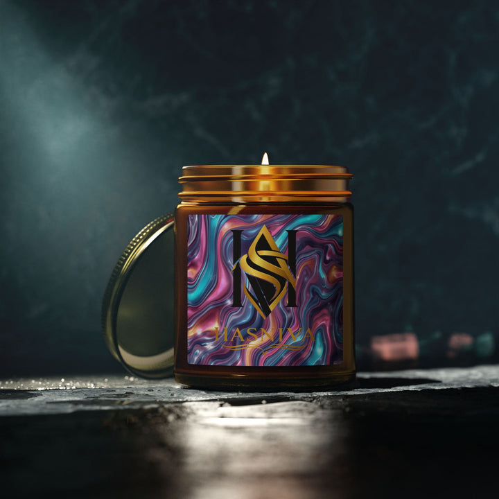 Hand-Poured Coconut Apricot Scented Candle – Iridescent Abstract Design