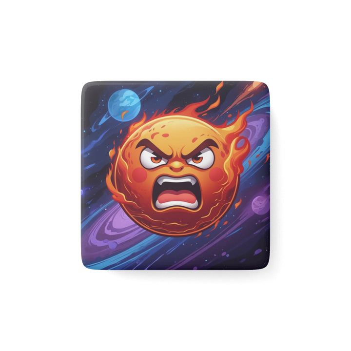 Fiery Cartoon Sun Porcelain Magnet – Bold Cosmic Square Fridge Art Gift
