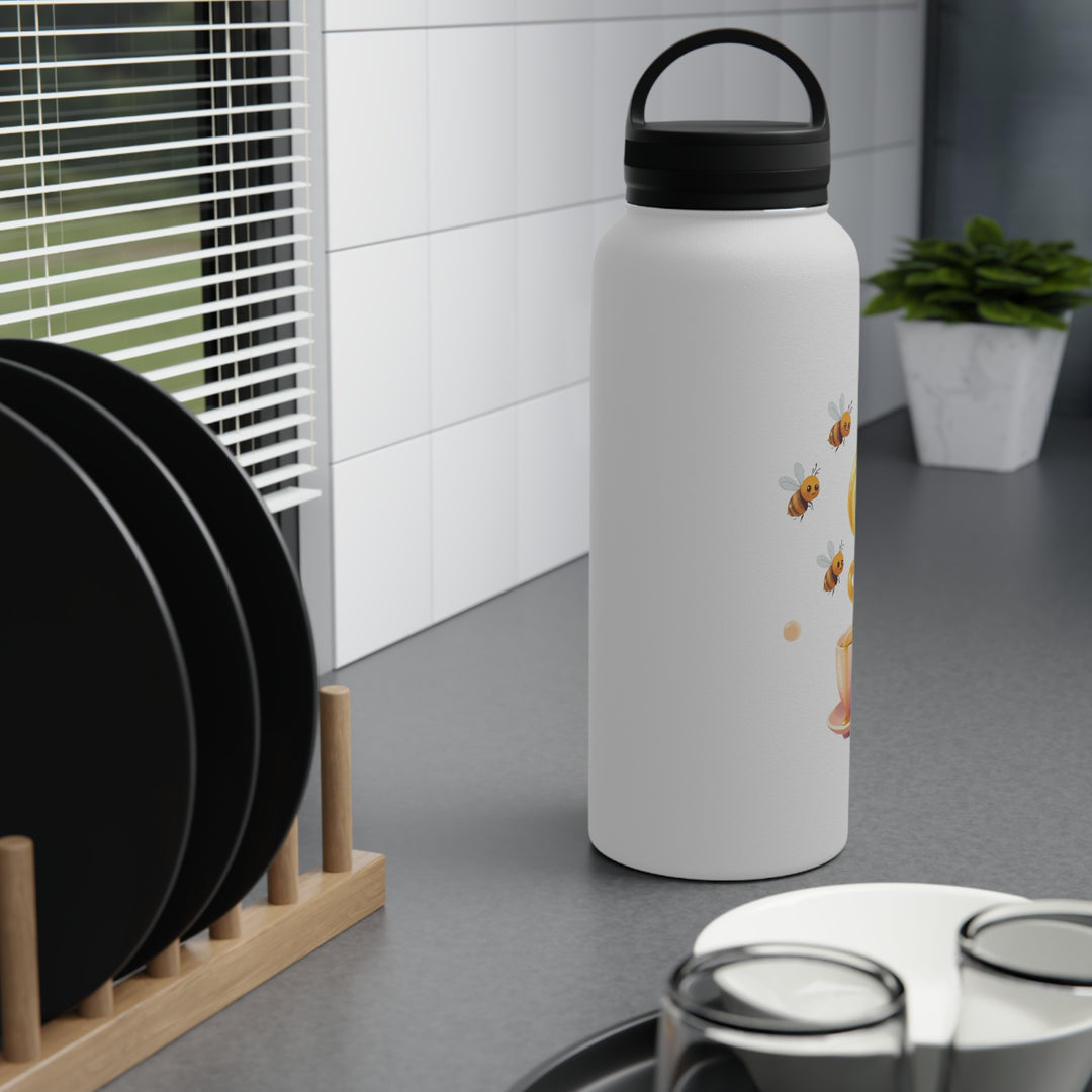 Bee Happy Stainless Steel Water Bottle – Cute Bees, Pastel Teacup, Handle Lid