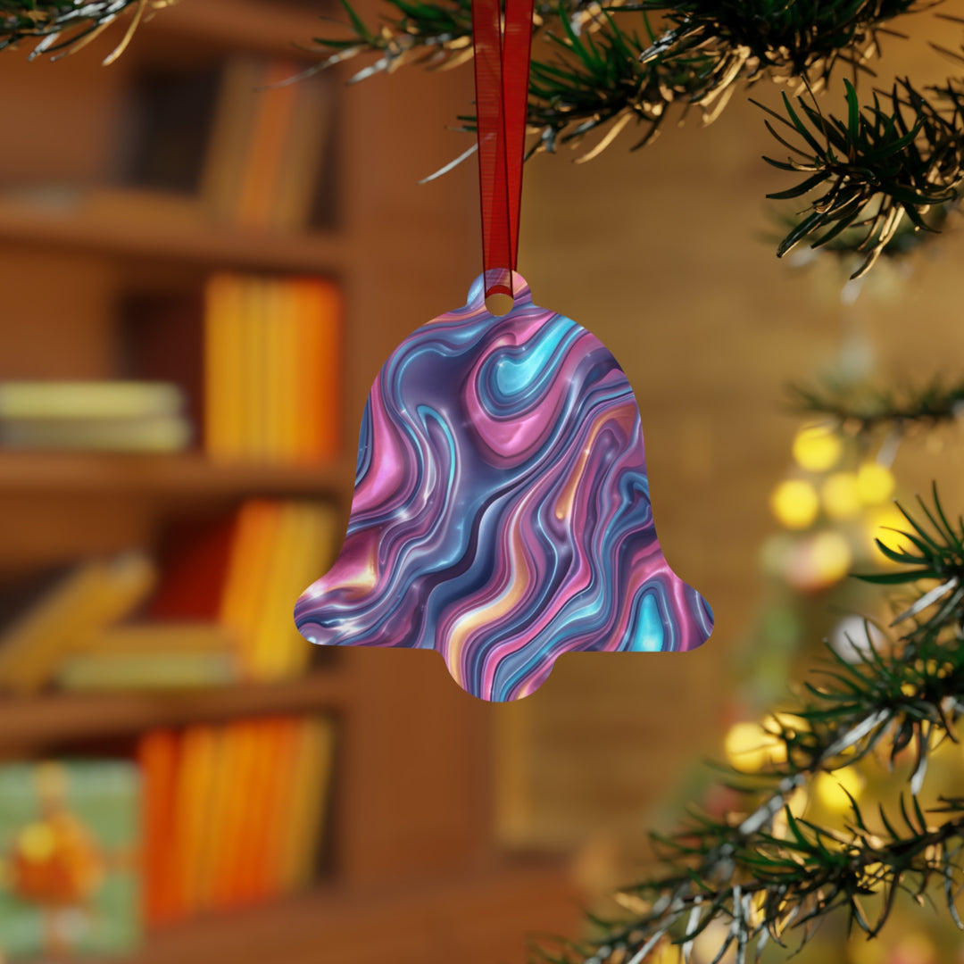 Glossy Metal Ornament – Iridescent Swirl Modern Marble Design, Customizable