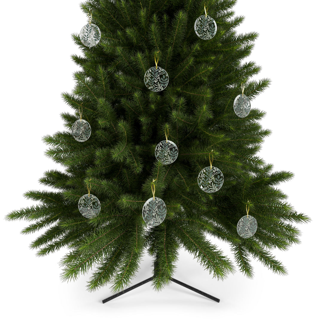 Custom Glass Ornament – Modern Botanical Leafy Green on Black, Handcrafted