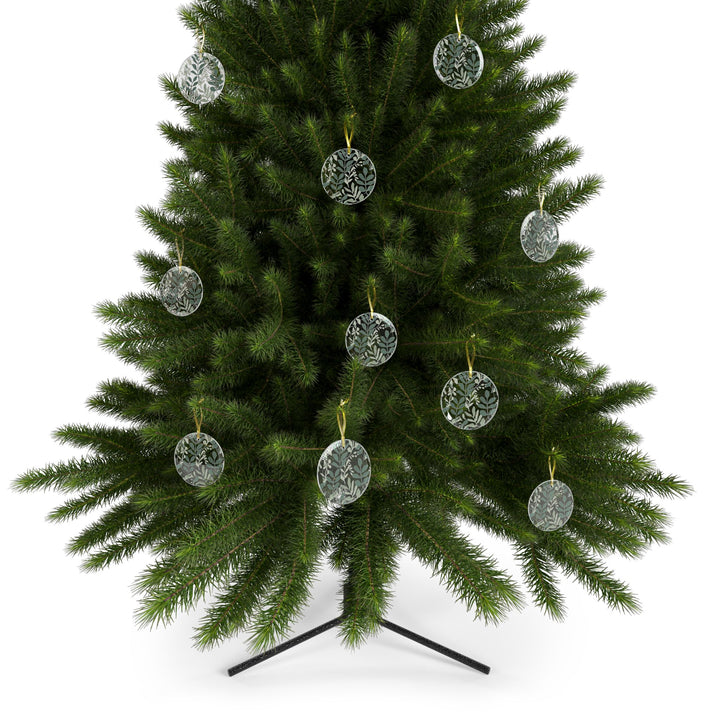 Custom Glass Ornament – Modern Botanical Leafy Green on Black, Handcrafted