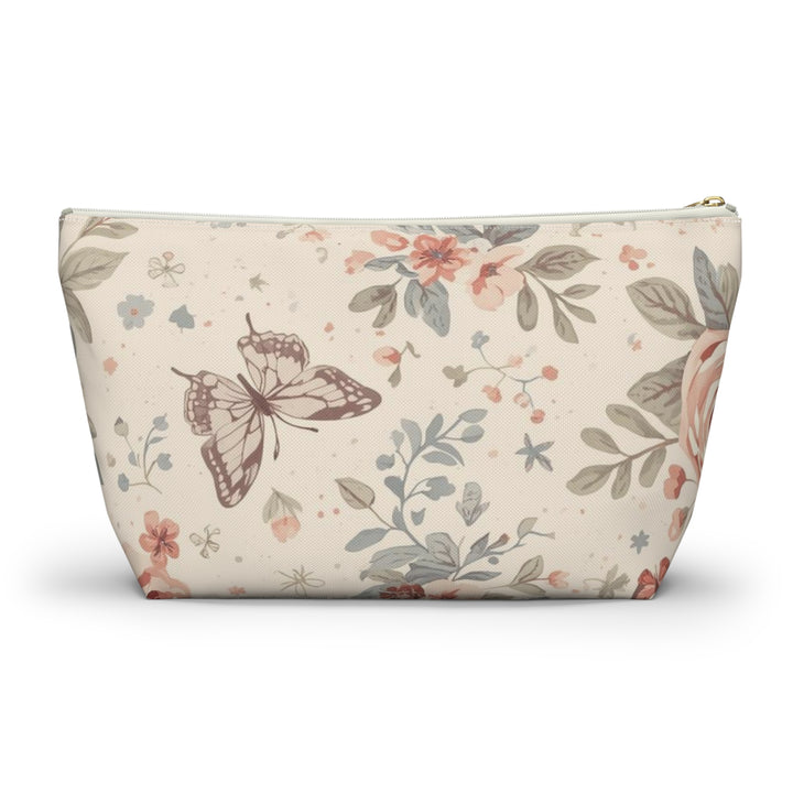 Chic T-Bottom Accessory Pouch – Pastel Floral Roses & Butterflies, Stylish Organizer