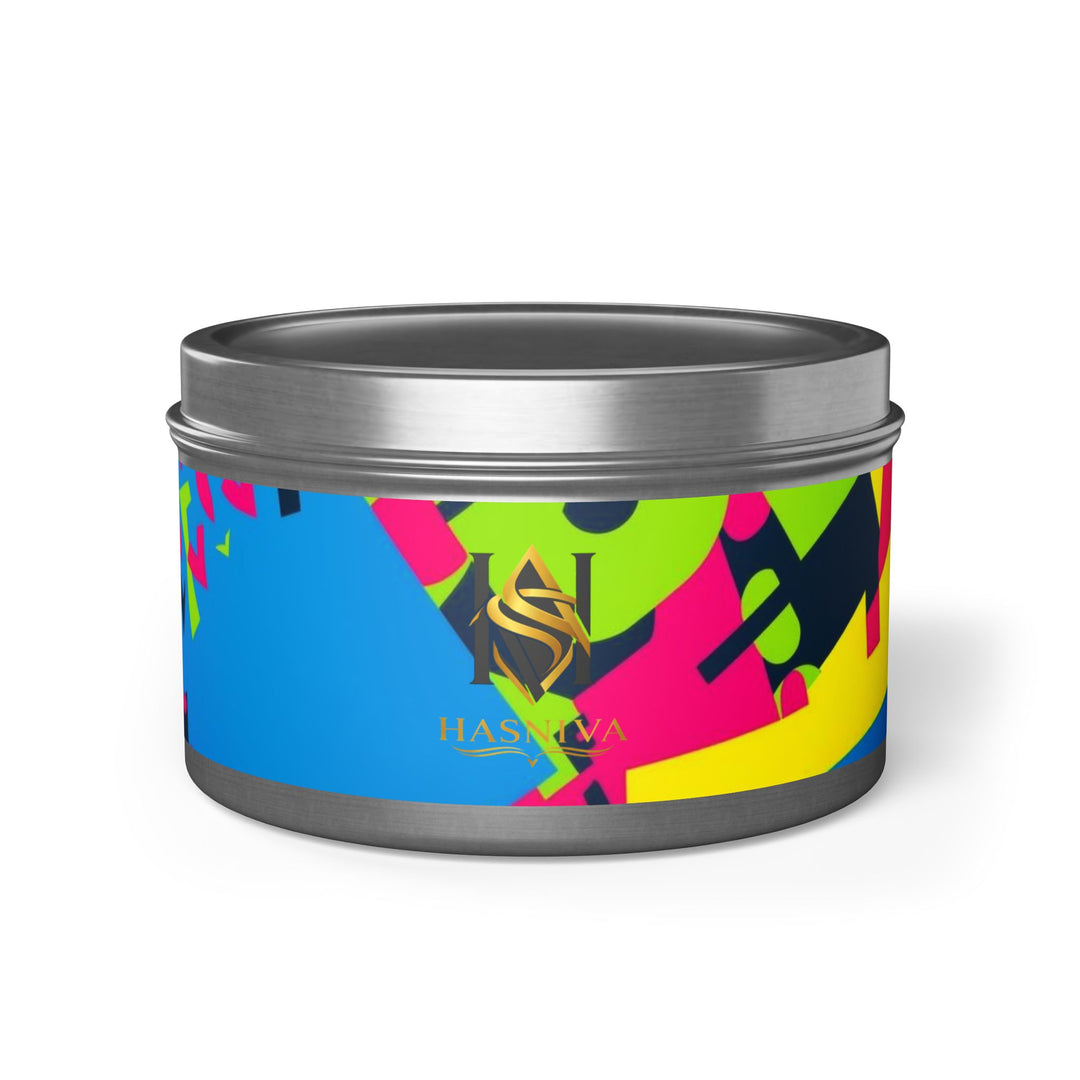 Custom Hand-Poured Tin Candles – Bold Abstract Neon Design, Eco-Friendly