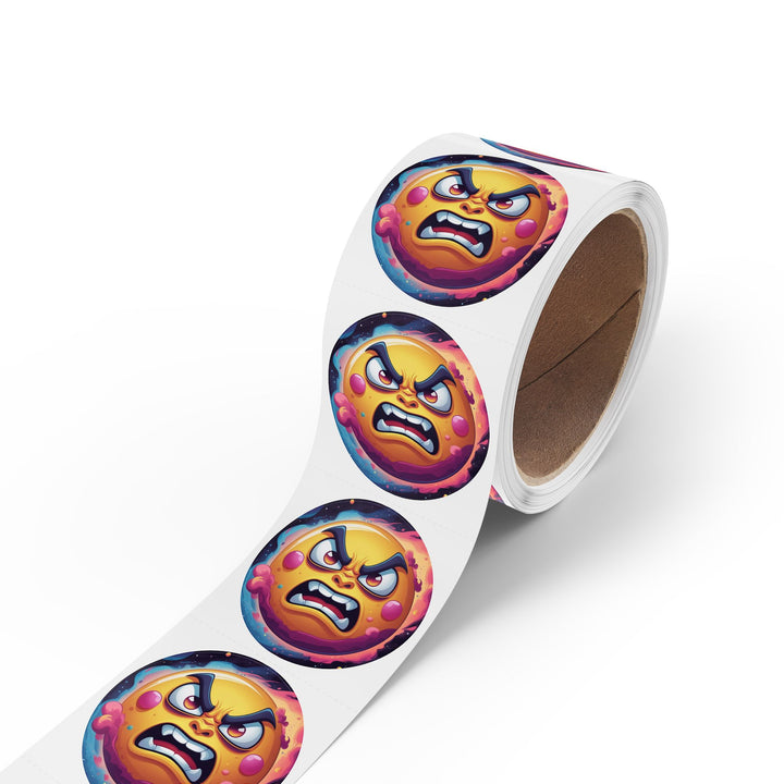 Round Sticker Label Roll – Angry Sun Space Theme, Durable, Fun & Glossy