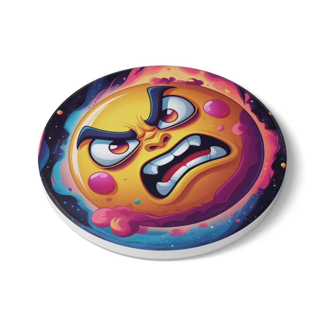 Angry Sun Space-Themed Ceramic Coaster – Fun Cartoon Design, Scratch-Free