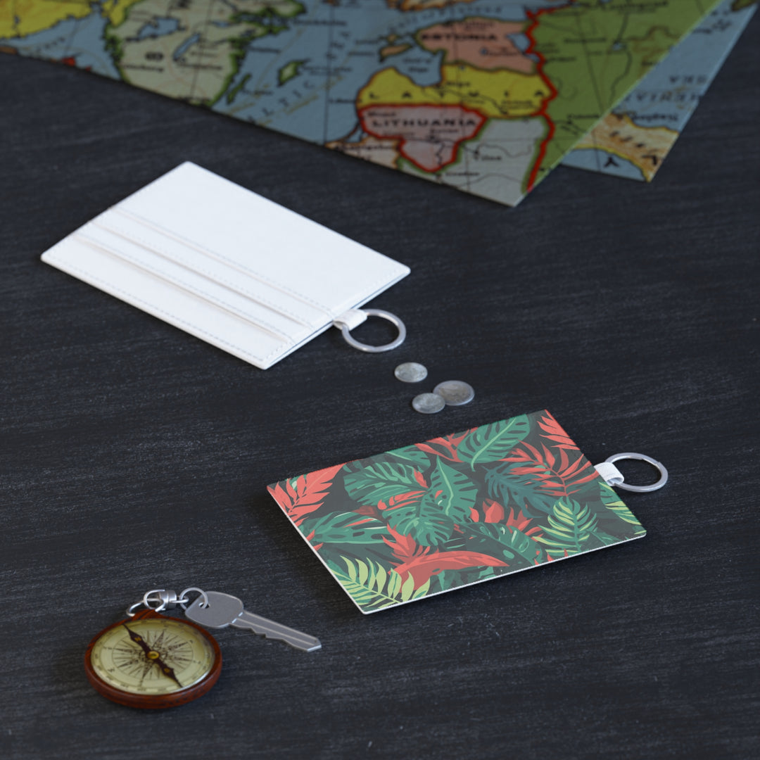 Personalized Saffiano Leather Card Holder – Tropical Leaf Pattern, Slim & Stylish
