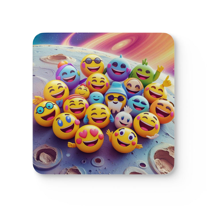 Emoji Space Party Corkwood Coasters – Fun High-Gloss Set of 4