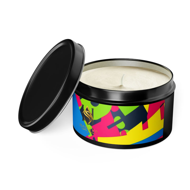 Custom Hand-Poured Tin Candles – Bold Abstract Neon Design, Eco-Friendly