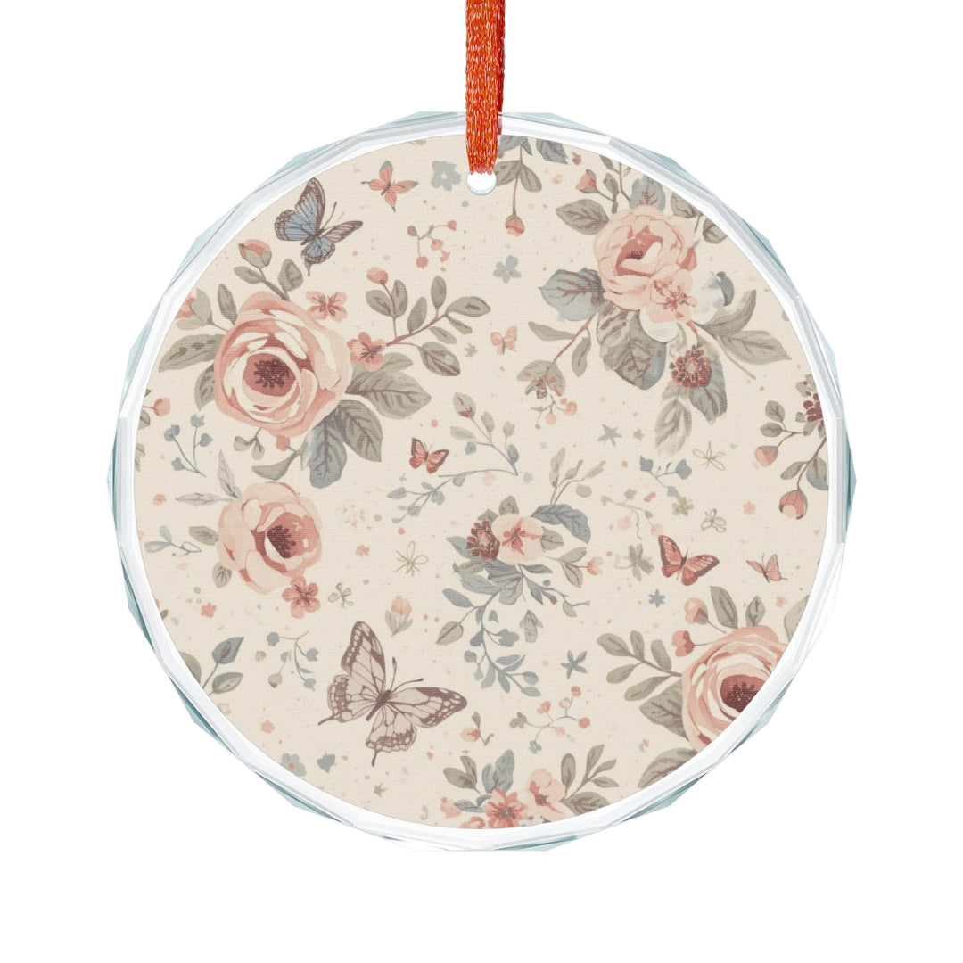 Crystal Glass Ornament – Vintage Floral Roses & Butterflies, Heart/Round